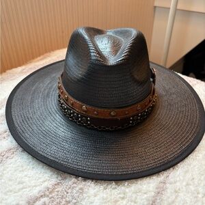 Black Wide-Brim Boho Hat with Studded Brown Band